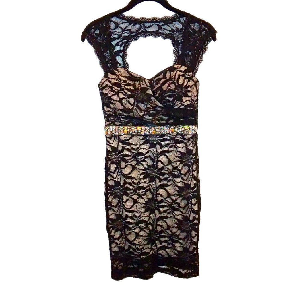WINDSOR COLLECTIONS BLACK & NUDE LACE DRESS WITH CRYSTAL WAISTBAND